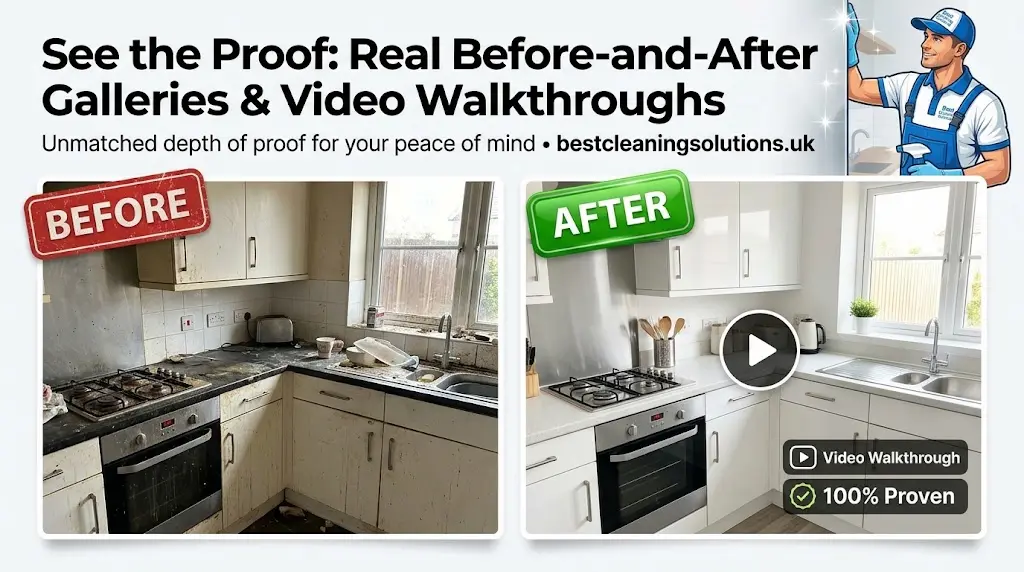 A Before and After photo gallery on bestcleaningsolutions.uk showing a heavily soiled, greasy kitchen transformed into a sparkling before and after
