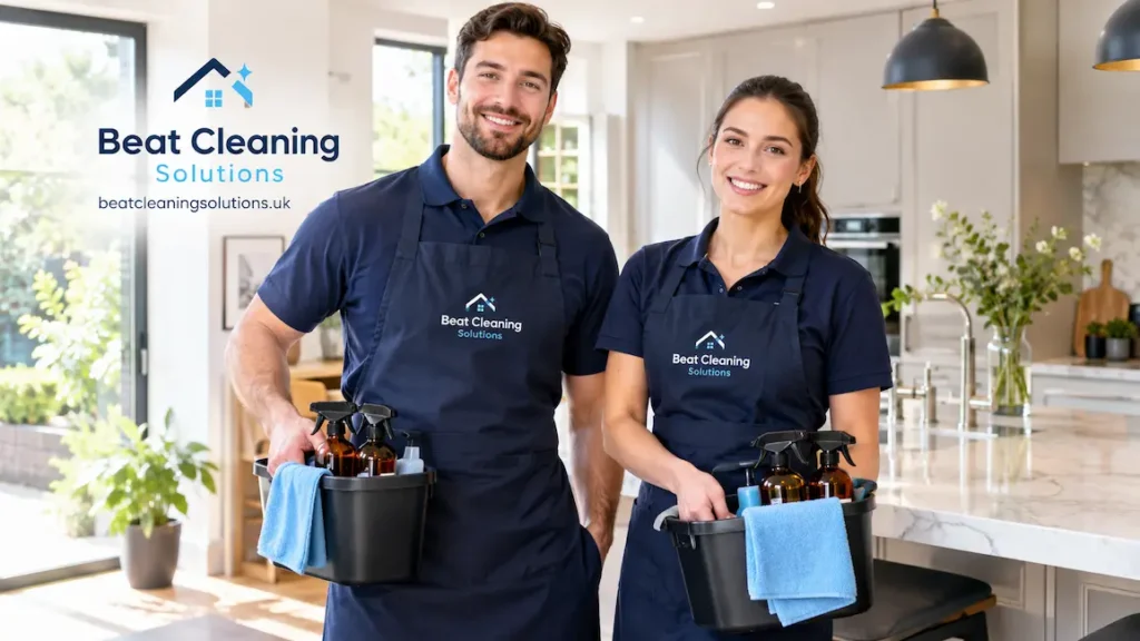 Professional and vetted home cleaning team with eco-friendly cleaning supplies in a bright home kitchen.